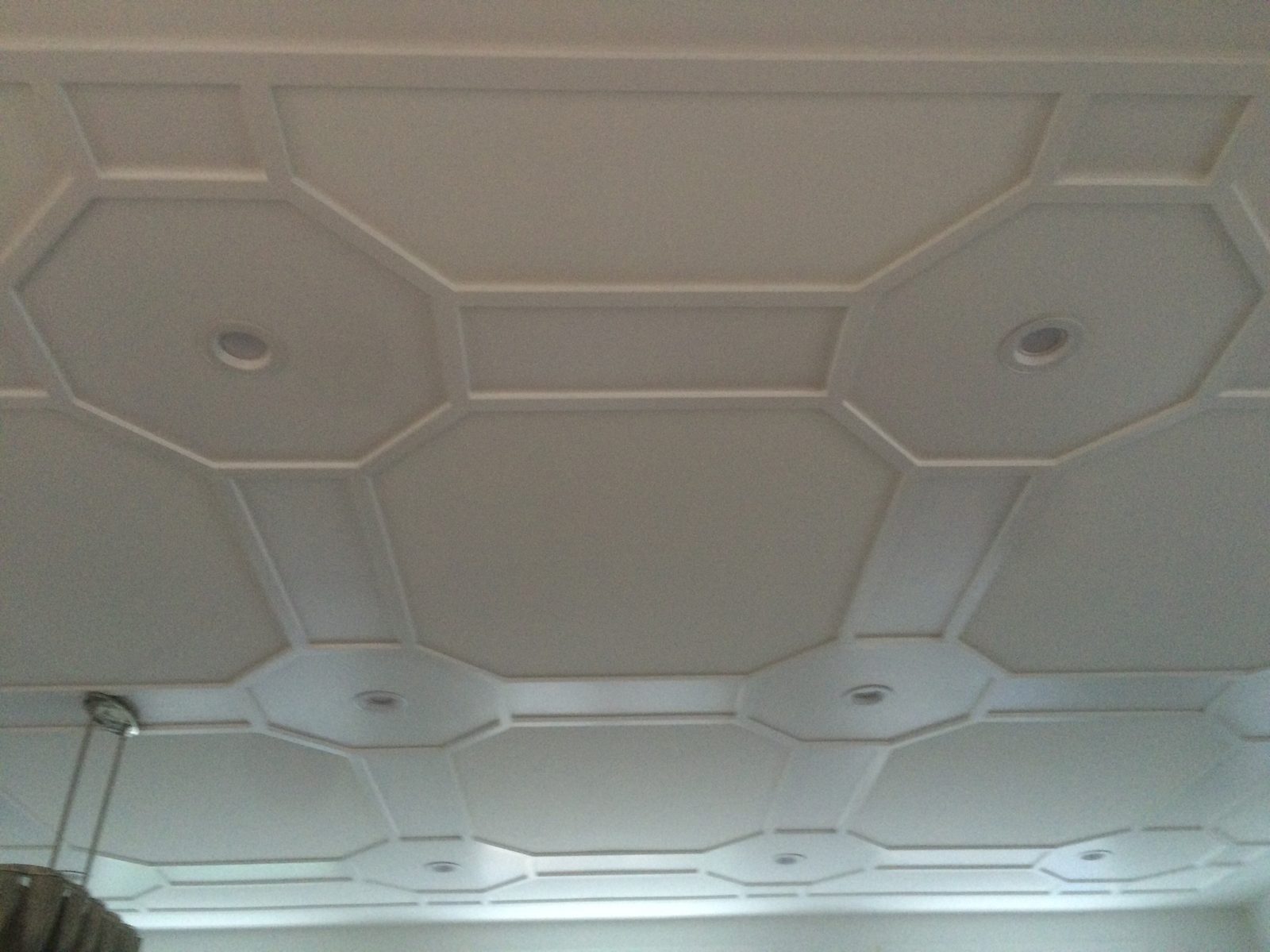 Finished paneled ceiling painted white: octagons around the recessed lights, joined by rectangles, across the whole room.